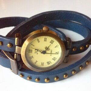 Wrap Watch New Unused Dark Blue 23"  Leather Strap Wraps 3 Times Needs Battery